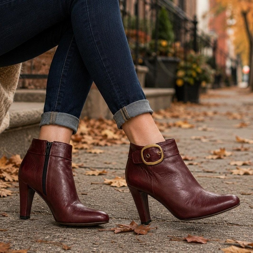 Coach Nicolete Burgundy Leather Ankle Booties Buckle Strap Zip Womens 6.5 Italy